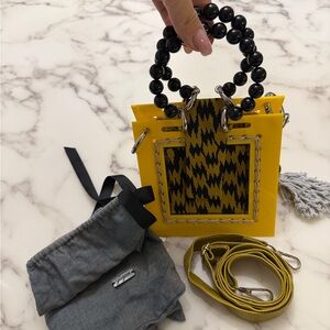 Yellow and Black Handbag with Beaded Handle Handmade bag